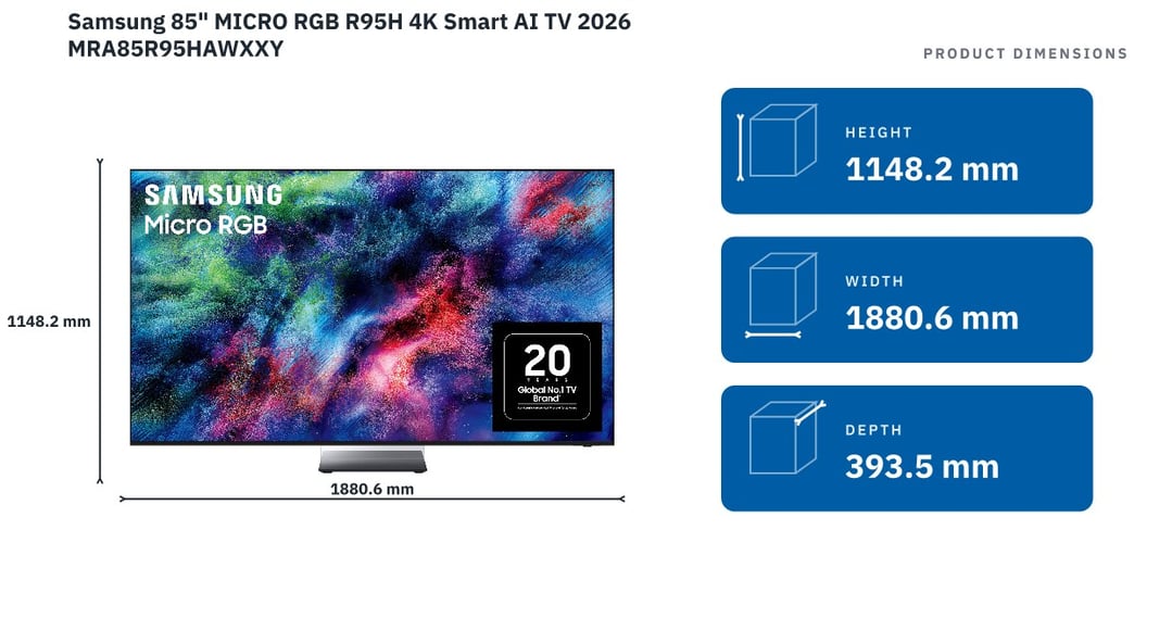Samsung 85" MICRO RGB R95H 4K Smart AI TV 2026 MRA85R95HAWXXY — product dimensions