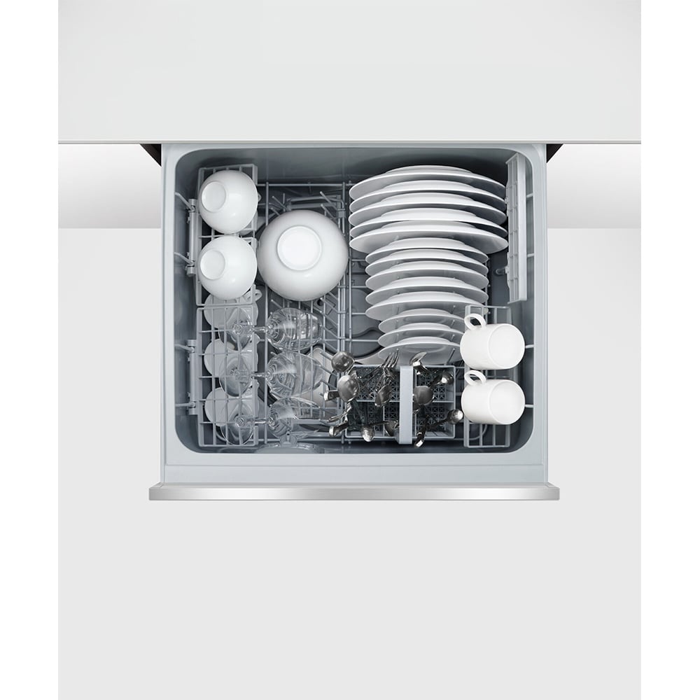 Top-down view of a fully loaded single DishDrawer dishwasher