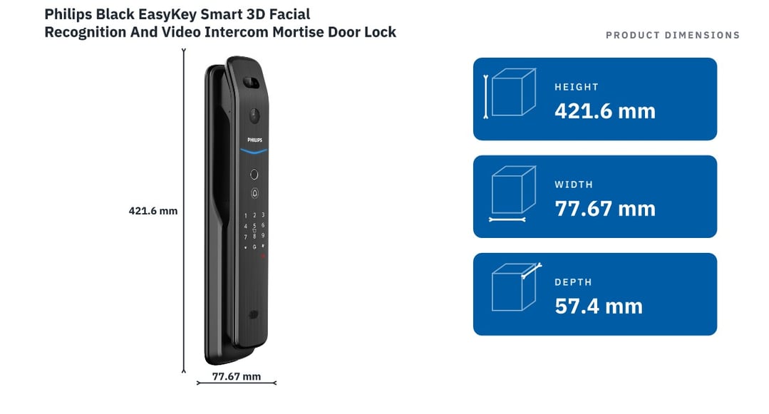 Philips Black EasyKey Smart 3D Facial Recognition And Video Intercom Mortise Door Lock DDL709-FVP-7HWS-B — product dimensions