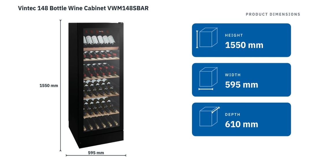 Vintec 148 Bottle Wine Cabinet VWM148SBAR — product dimensions