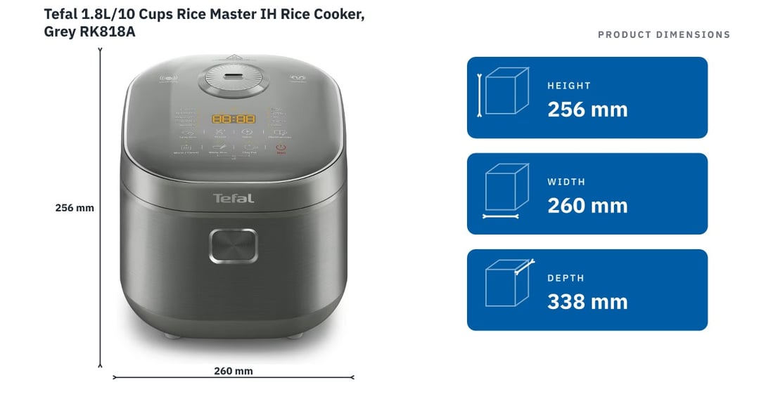 Tefal 1.8L/10 Cups Rice Master IH Rice Cooker, Grey RK818A