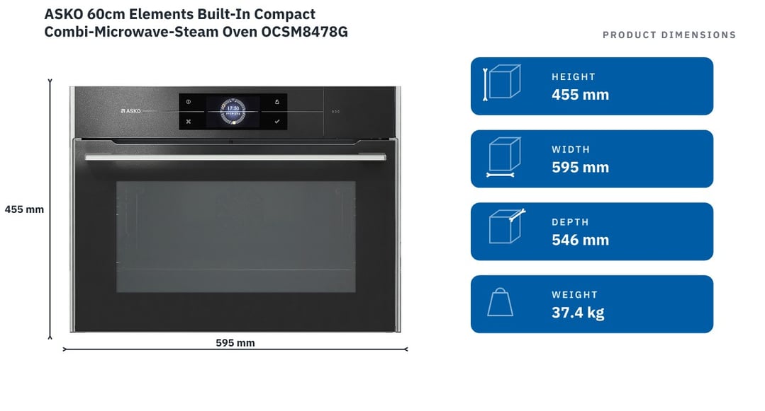 ASKO 60cm Elements Built-In Compact Combi-Microwave-Steam Oven OCSM8478G — product dimensions