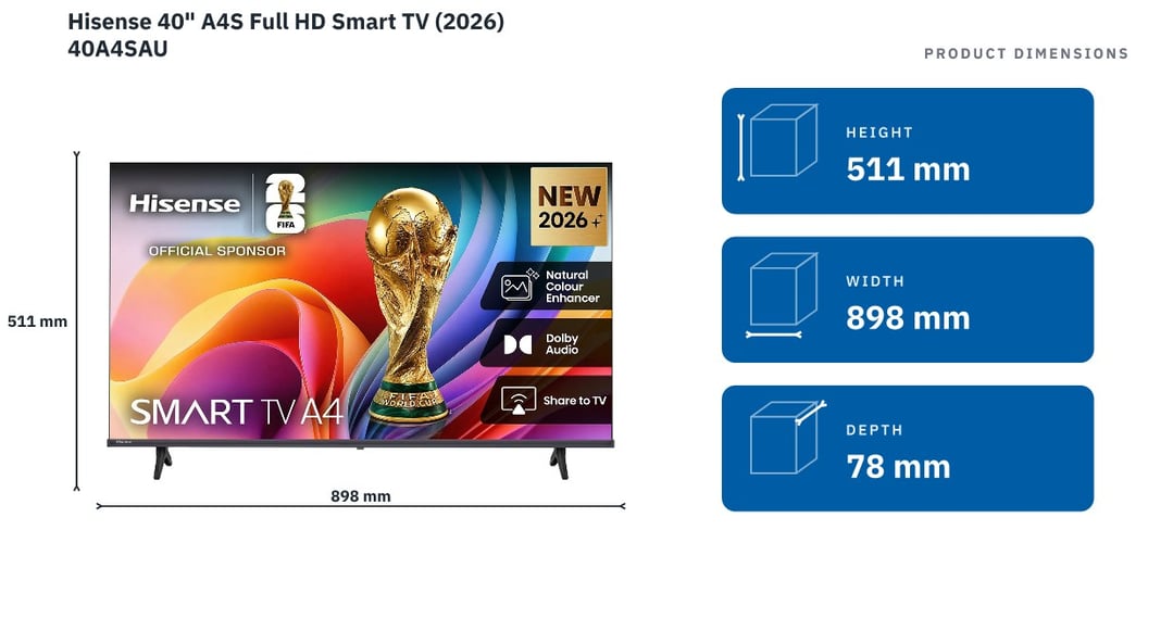 Hisense 40" A4S Full HD Smart TV (2026) 40A4SAU — product dimensions