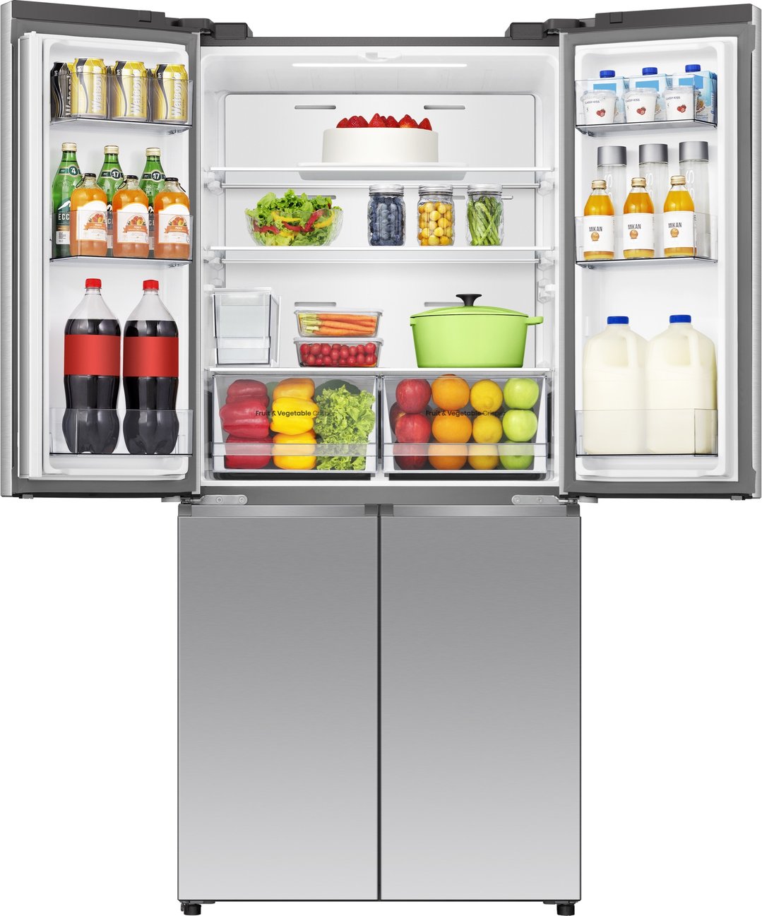 Open Hisense French door fridge filled with food and drinks