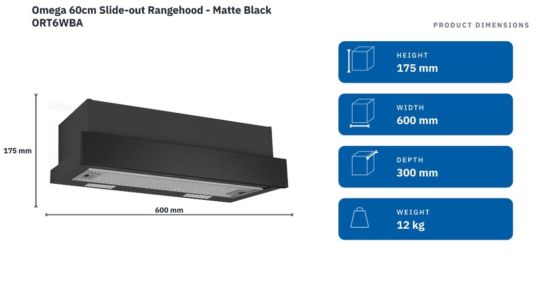 Omega 60cm Slide-out Rangehood - Matte Black ORT6WBA — product dimensions