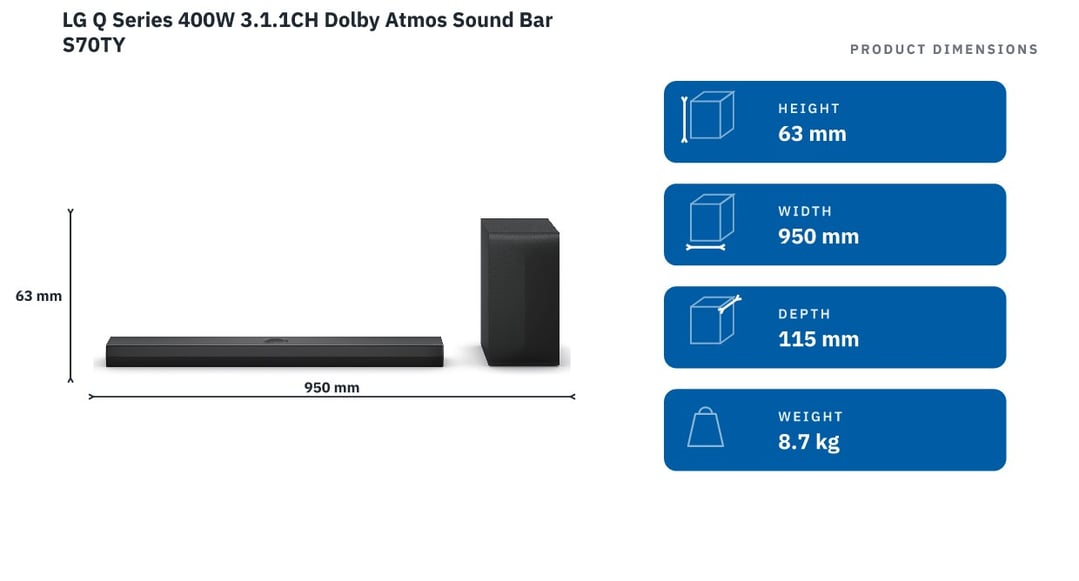 LG Q Series 400W 3.1.1CH Dolby Atmos Sound Bar S70TY — product dimensions
