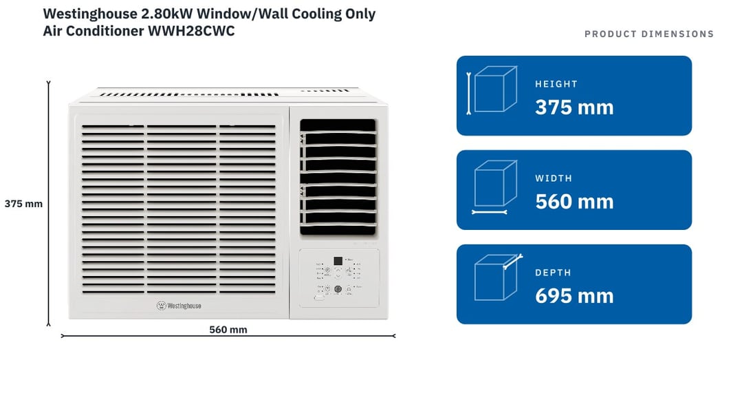 Westinghouse 2.80kW Window/Wall Cooling Only Air Conditioner WWH28CWC — product dimensions