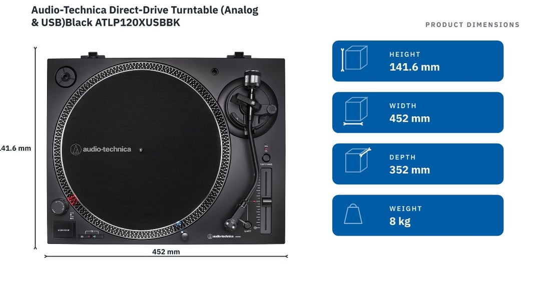 Audio-Technica Direct-Drive Turntable (Analog & USB)Black ATLP120XUSBBK — product dimensions