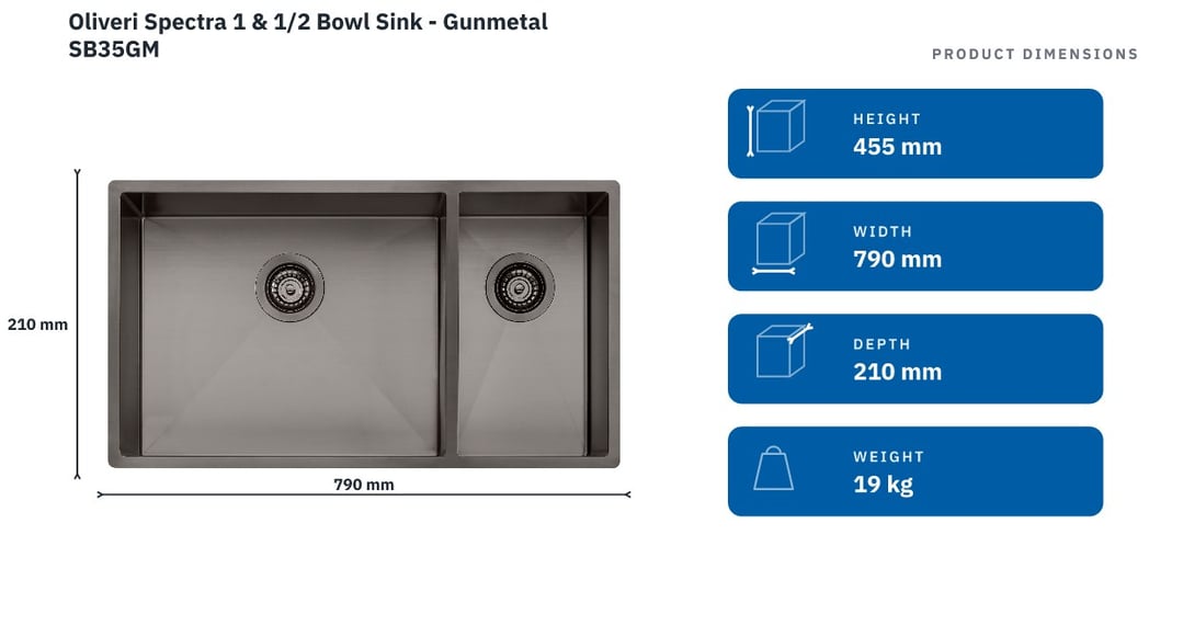 Oliveri Spectra 1 & 1/2 Bowl Sink - Gunmetal SB35GM — product dimensions