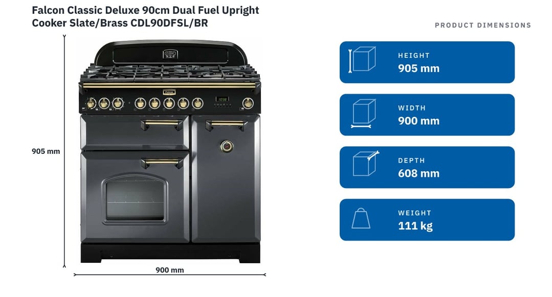 Falcon Classic Deluxe 90cm Dual Fuel Upright Cooker Slate/Brass CDL90DFSL/BR — product dimensions