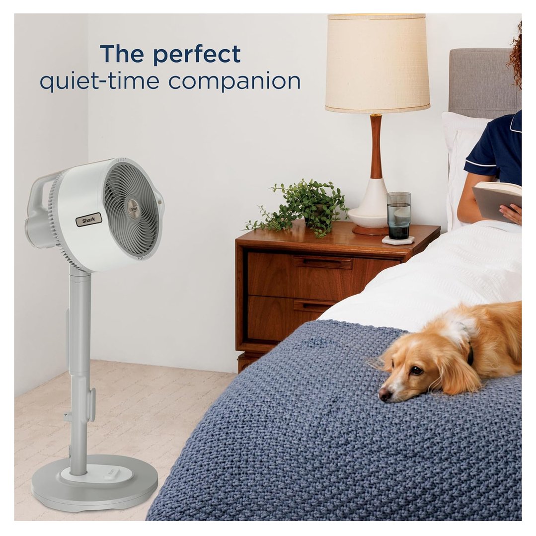 Shark FlexBreeze Pro Mist fan in a bedroom with a person reading and a dog