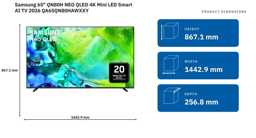 Samsung 65" QN80H NEO QLED 4K Mini LED Smart AI TV 2026 QA65QN80HAWXXY — product dimensions