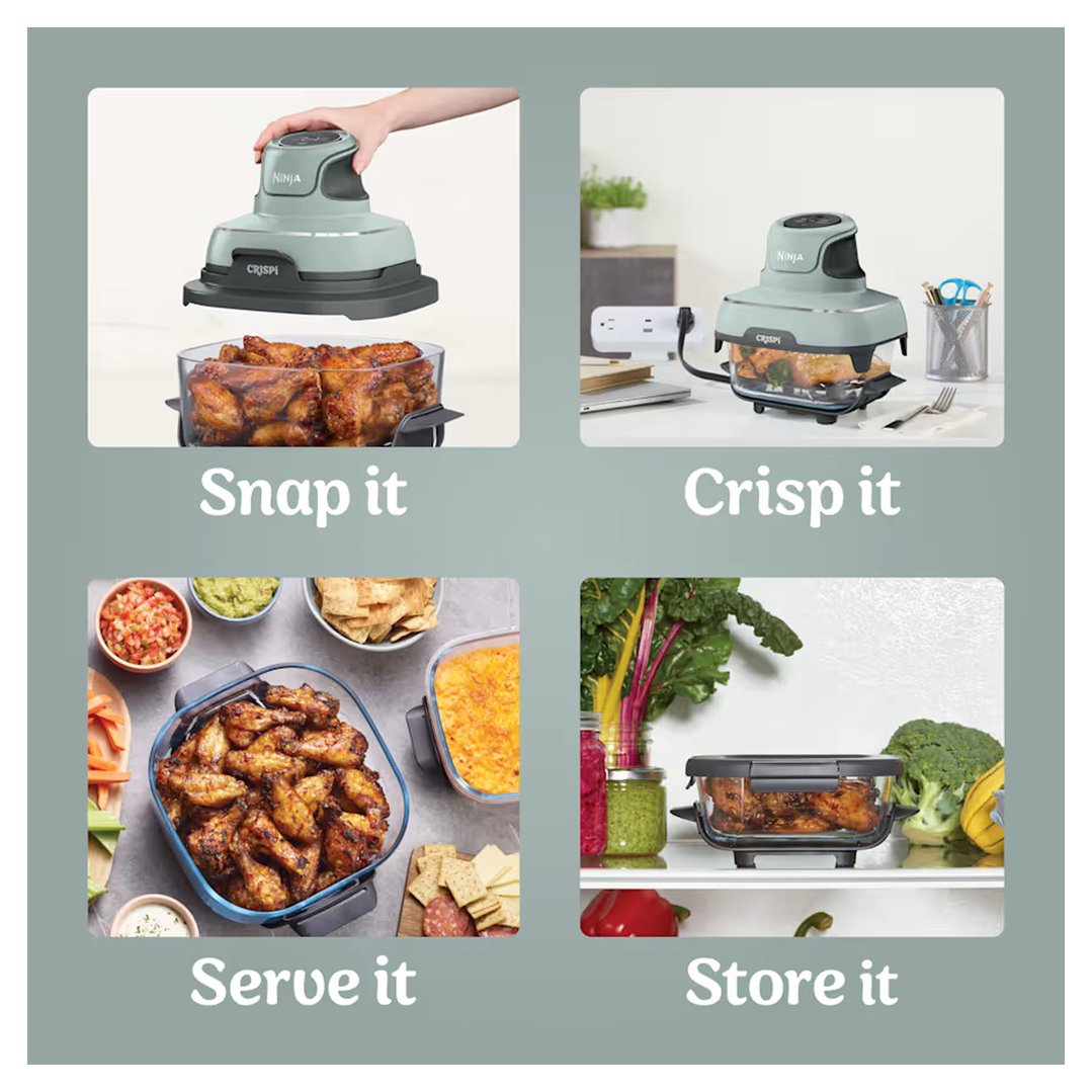 Four lifestyle scenes showing the Ninja Crispi air fryer being used and stored