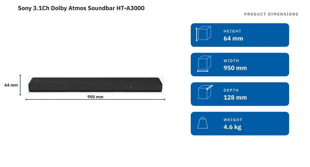 Sony 3.1Ch Dolby Atmos Soundbar HT-A3000 — product dimensions