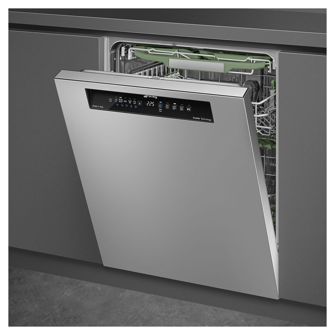 Stainless steel dishwasher with door ajar, showing interior racks and controls