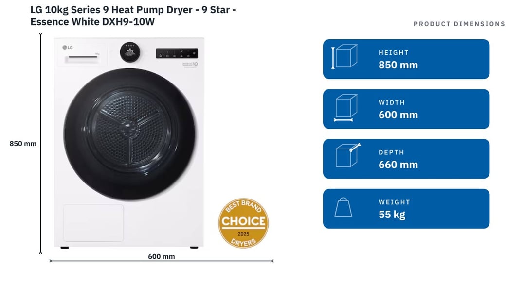 LG 10kg Series 9 Heat Pump Dryer - 9 Star - Essence White DXH9-10W — product dimensions