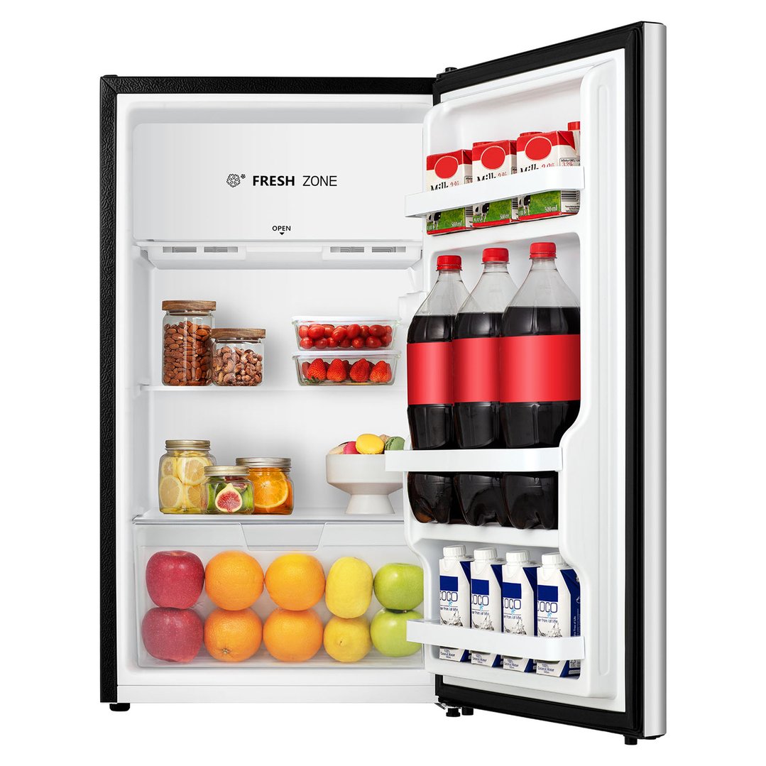 Open bar fridge filled with food and drinks, viewed from the front