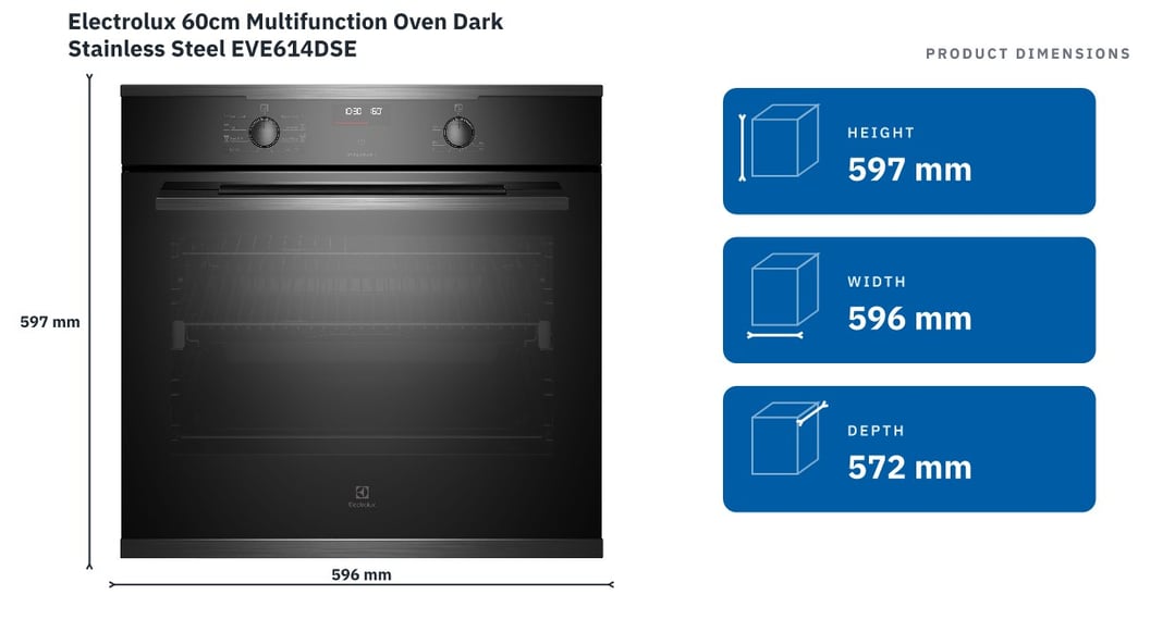 Electrolux 60cm Multifunction Oven Dark Stainless Steel EVE614DSE — product dimensions