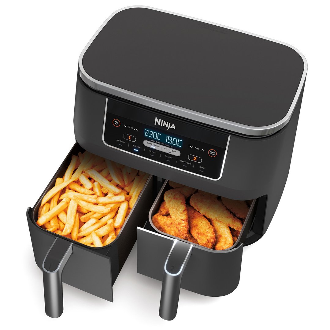Black Ninja Foodi Dual Zone Air Fryer with two drawers of food