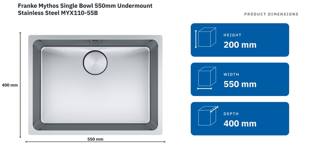 Franke Mythos Single Bowl 550mm Undermount Stainless Steel MYX110-55B — product dimensions