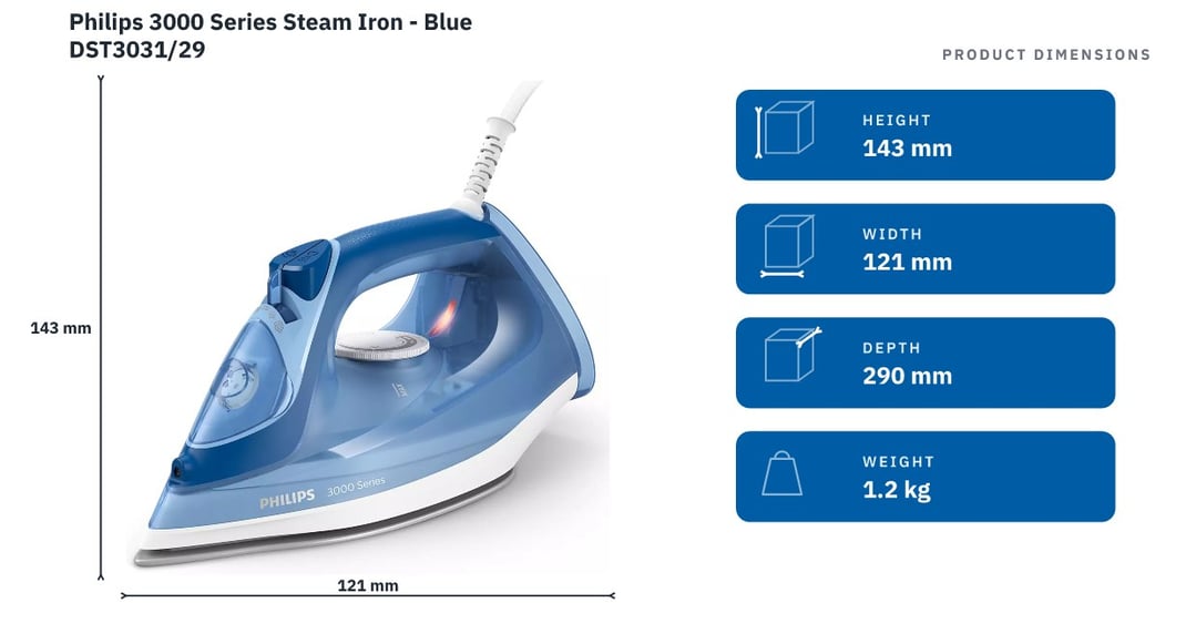 Philips 3000 Series Steam Iron - Blue DST3031/29 — product dimensions