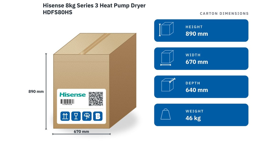 Hisense 8kg Series 3 Heat Pump Dryer HDFS80HS — packaged dimensions