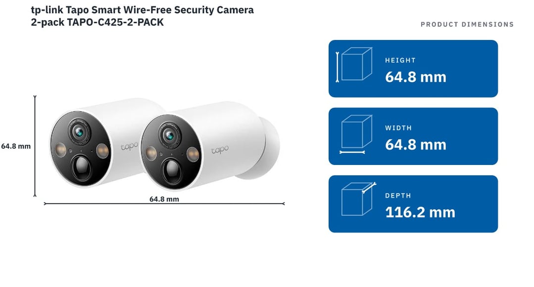 tp-link Tapo Smart Wire-Free Security Camera 2-pack TAPO-C425-2-PACK — product dimensions