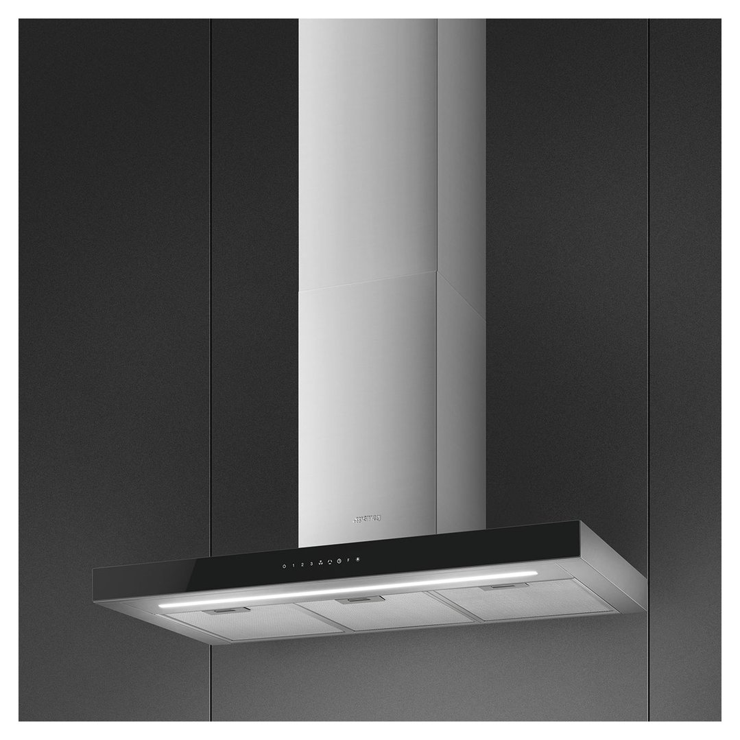 SMEG 90cm canopy rangehood installed in a modern kitchen with dark cabinetry