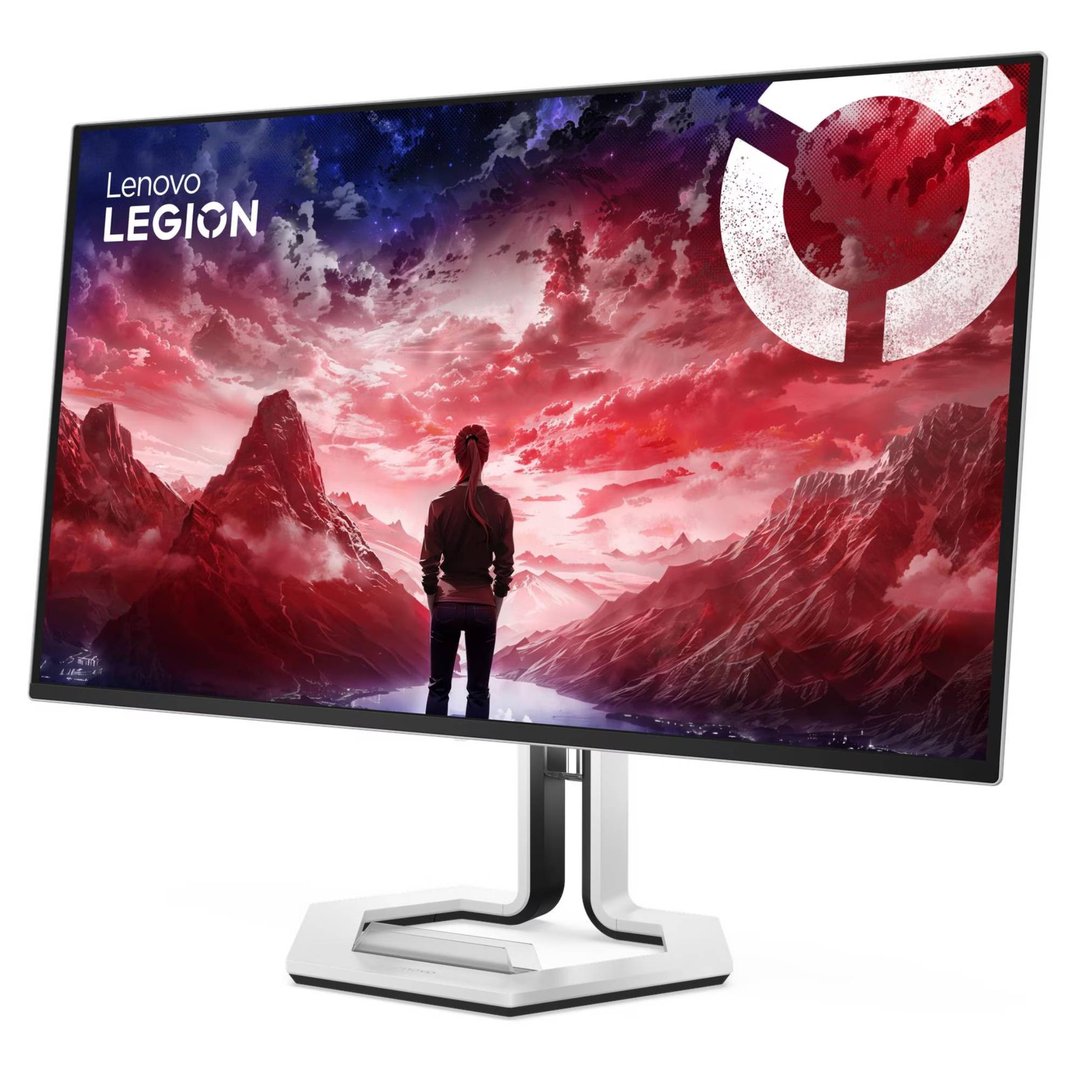 Lenovo Legion gaming monitor displaying a person looking at a red and blue landscape
