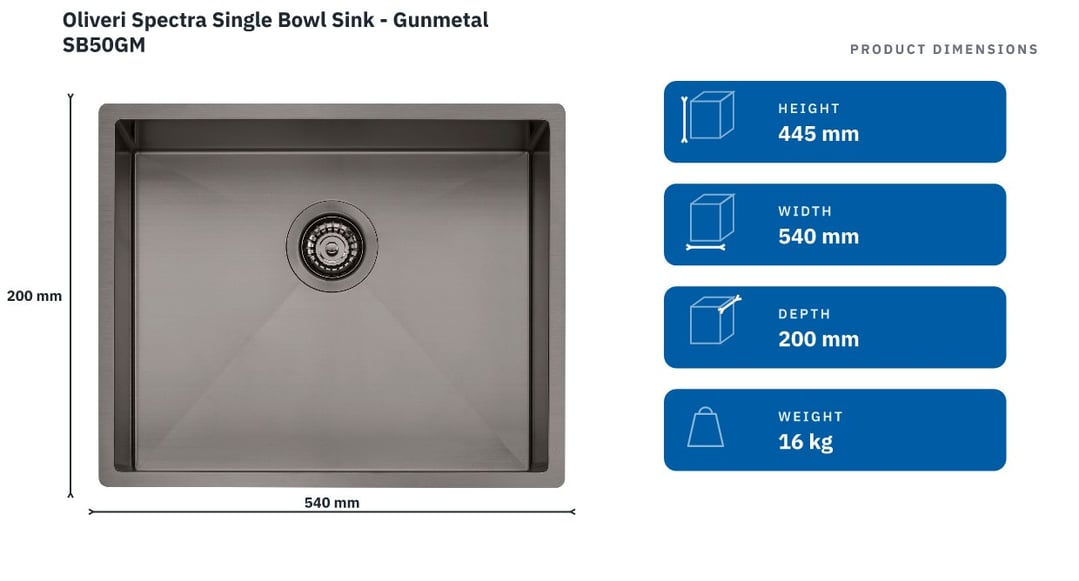 Oliveri Spectra Single Bowl Sink - Gunmetal SB50GM — product dimensions