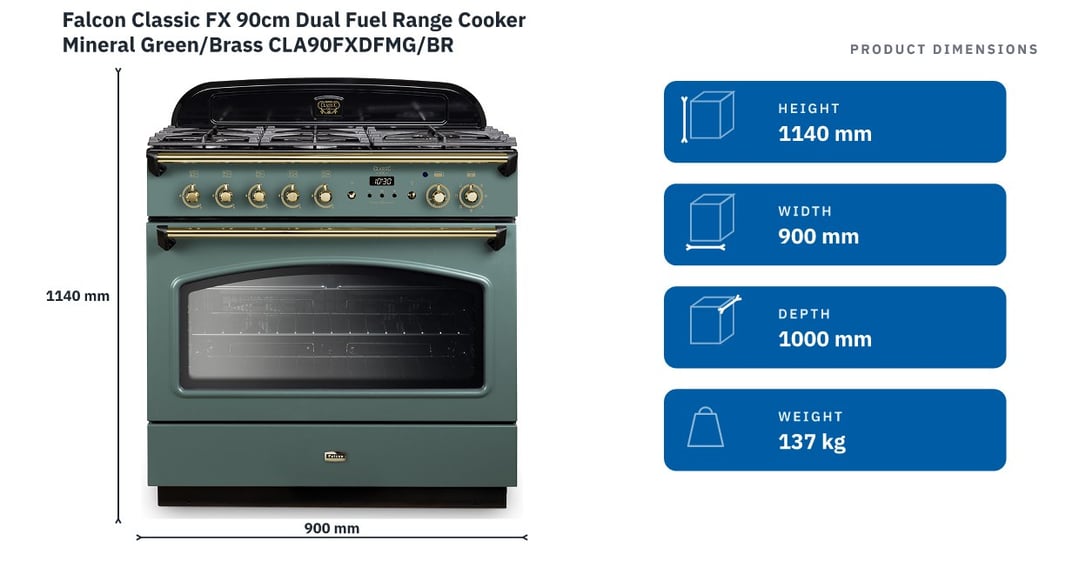 Falcon Classic FX 90cm Dual Fuel Range Cooker Mineral Green/Brass CLA90FXDFMG/BR