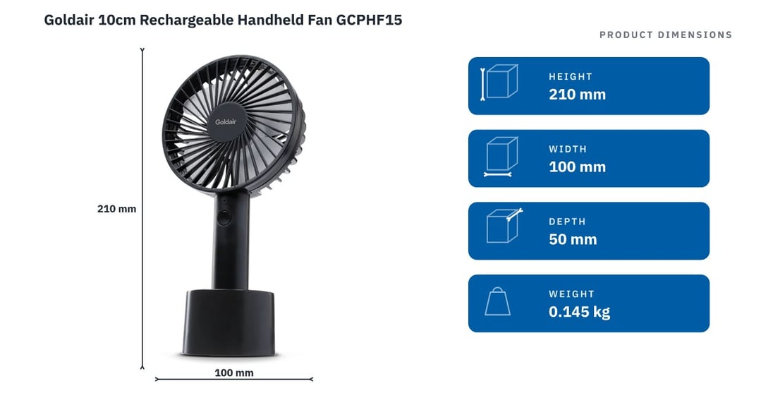Goldair 10cm Rechargeable Handheld Fan GCPHF15