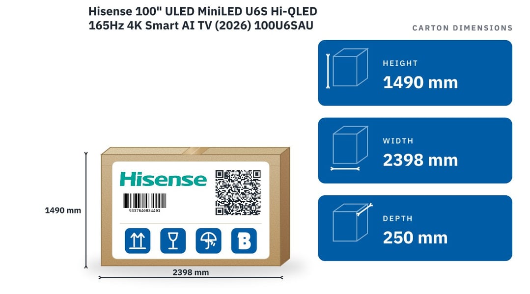 Hisense 100" ULED MiniLED U6S Hi-QLED 165Hz 4K Smart AI TV (2026) 100U6SAU