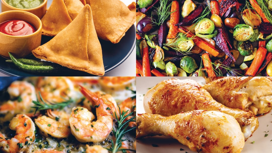 Four quadrants showing samosas, roasted vegetables, shrimp, and chicken drumsticks