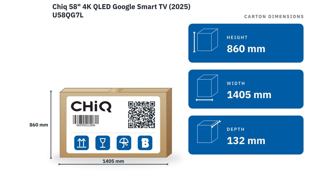 Chiq 58" 4K QLED Google Smart TV (2025) U58QG7L — packaged dimensions