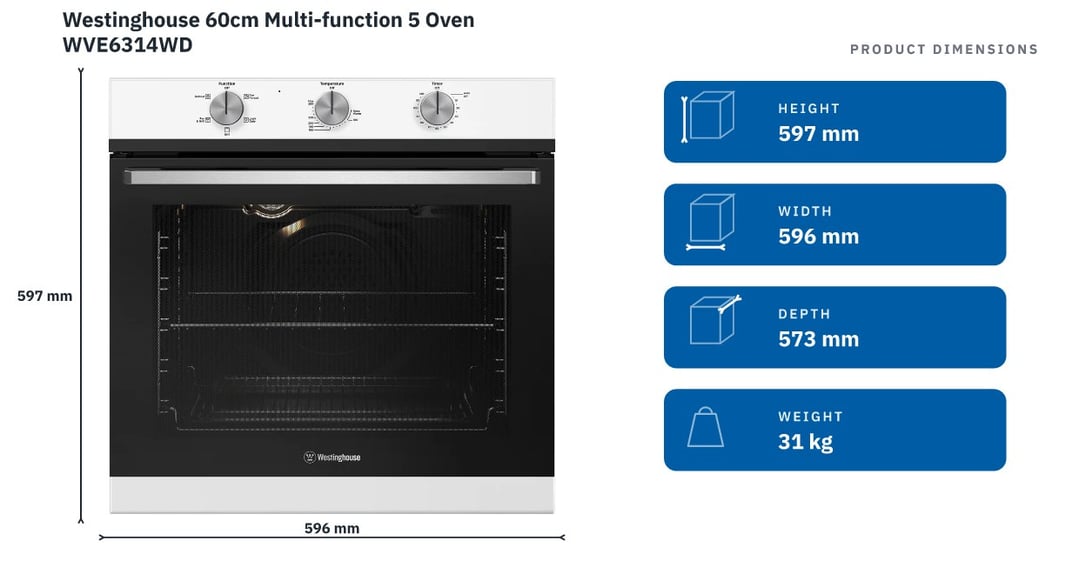 Westinghouse 60cm Multi-function 5 Oven WVE6314WD — product dimensions