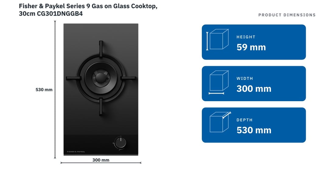 Fisher & Paykel Series 9 Gas on Glass Cooktop, 30cm CG301DNGGB4 — product dimensions
