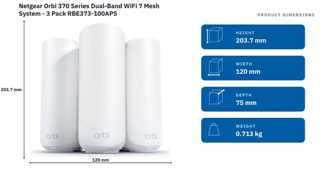 Netgear Orbi 370 Series Dual-Band WiFi 7 Mesh System - 3 Pack RBE373-100APS — product dimensions
