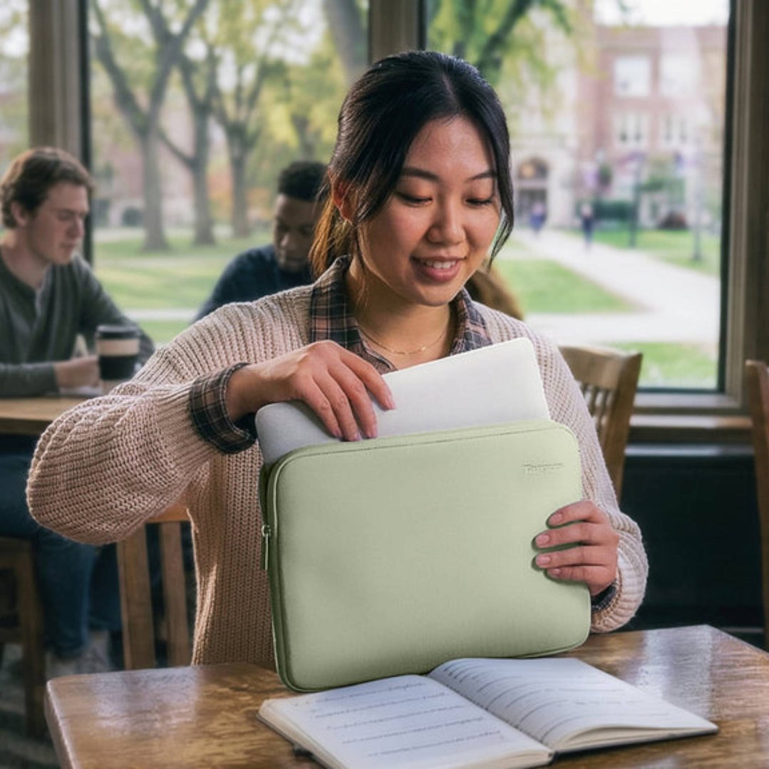 Woman inserting a laptop into a green laptop sleeve at a table with a book