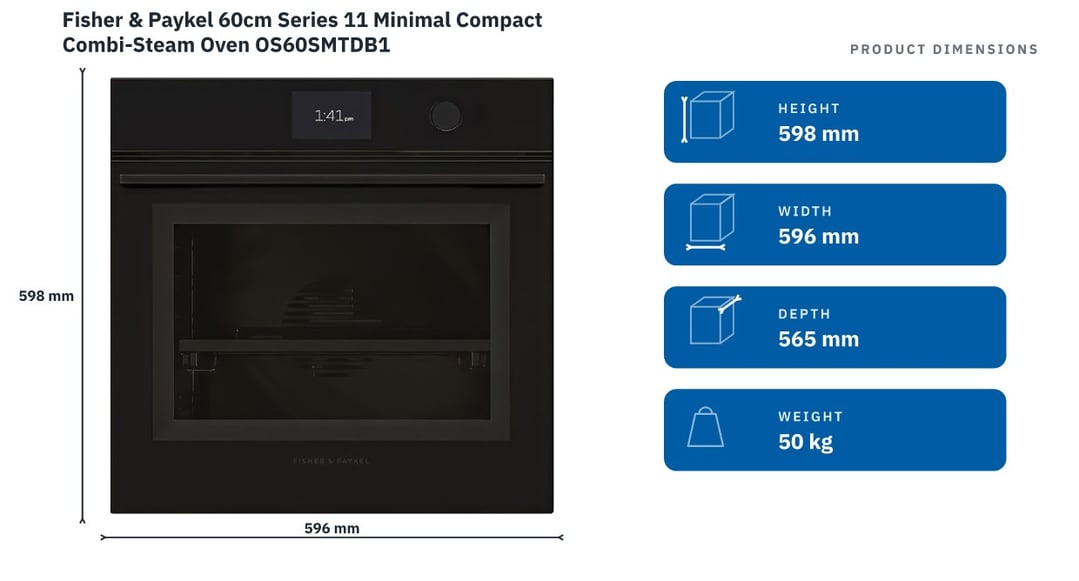 Fisher & Paykel 60cm Series 11 Minimal Compact Combi-Steam Oven OS60SMTDB1 — product dimensions