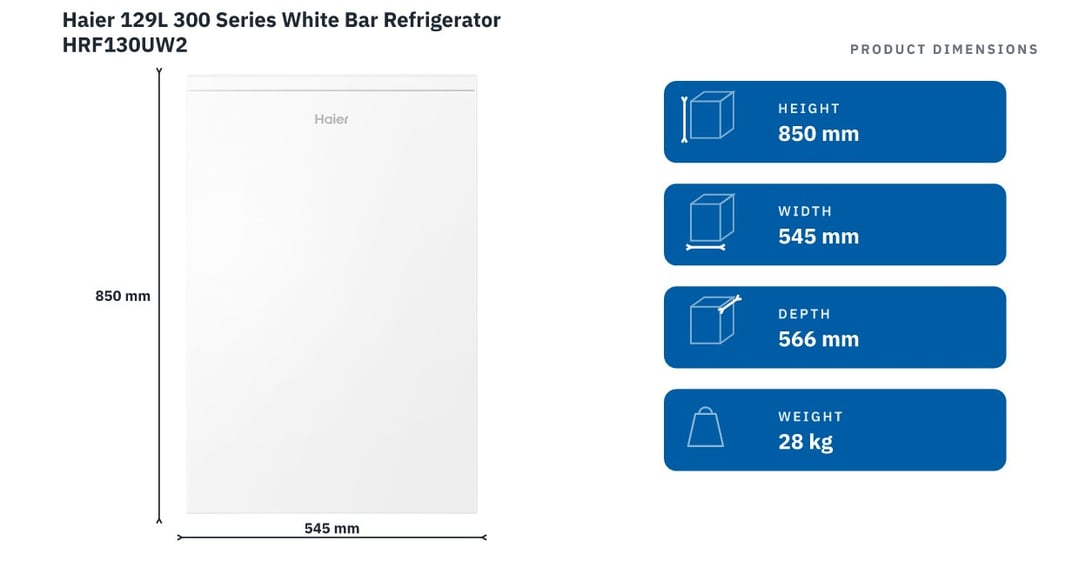 Haier 129L 300 Series White Bar Refrigerator HRF130UW2 — product dimensions