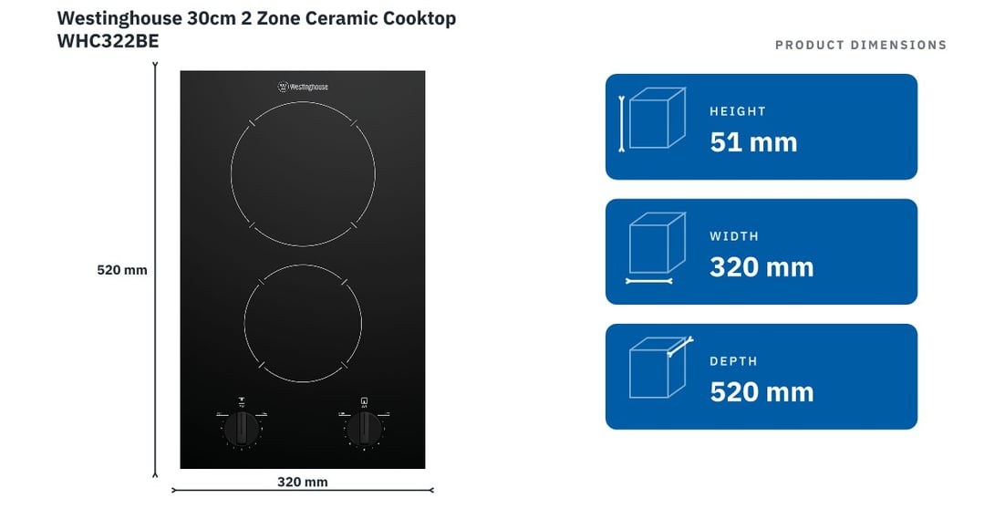 Westinghouse 30cm 2 Zone Ceramic Cooktop WHC322BE — product dimensions