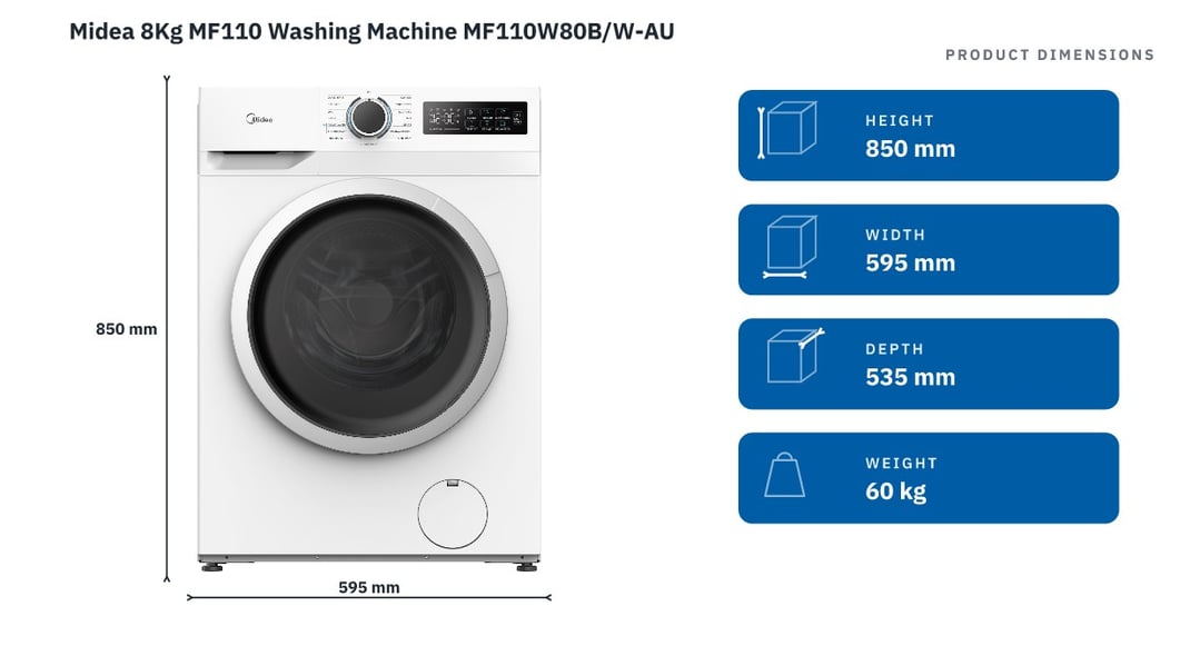 Midea 8Kg MF110 Washing Machine MF110W80B/W-AU — product dimensions