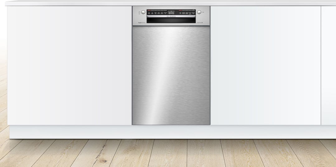 Stainless steel built-under dishwasher installed in a modern kitchen setting