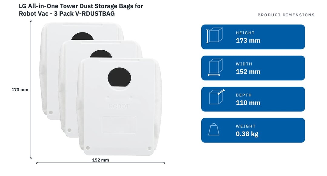 LG All-in-One Tower Dust Storage Bags for Robot Vac - 3 Pack V-RDUSTBAG — product dimensions