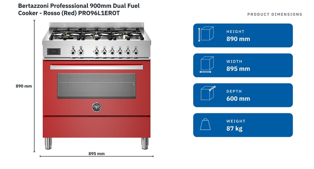 Bertazzoni Professsional 900mm Dual Fuel Cooker - Rosso (Red) PRO96L1EROT — product dimensions