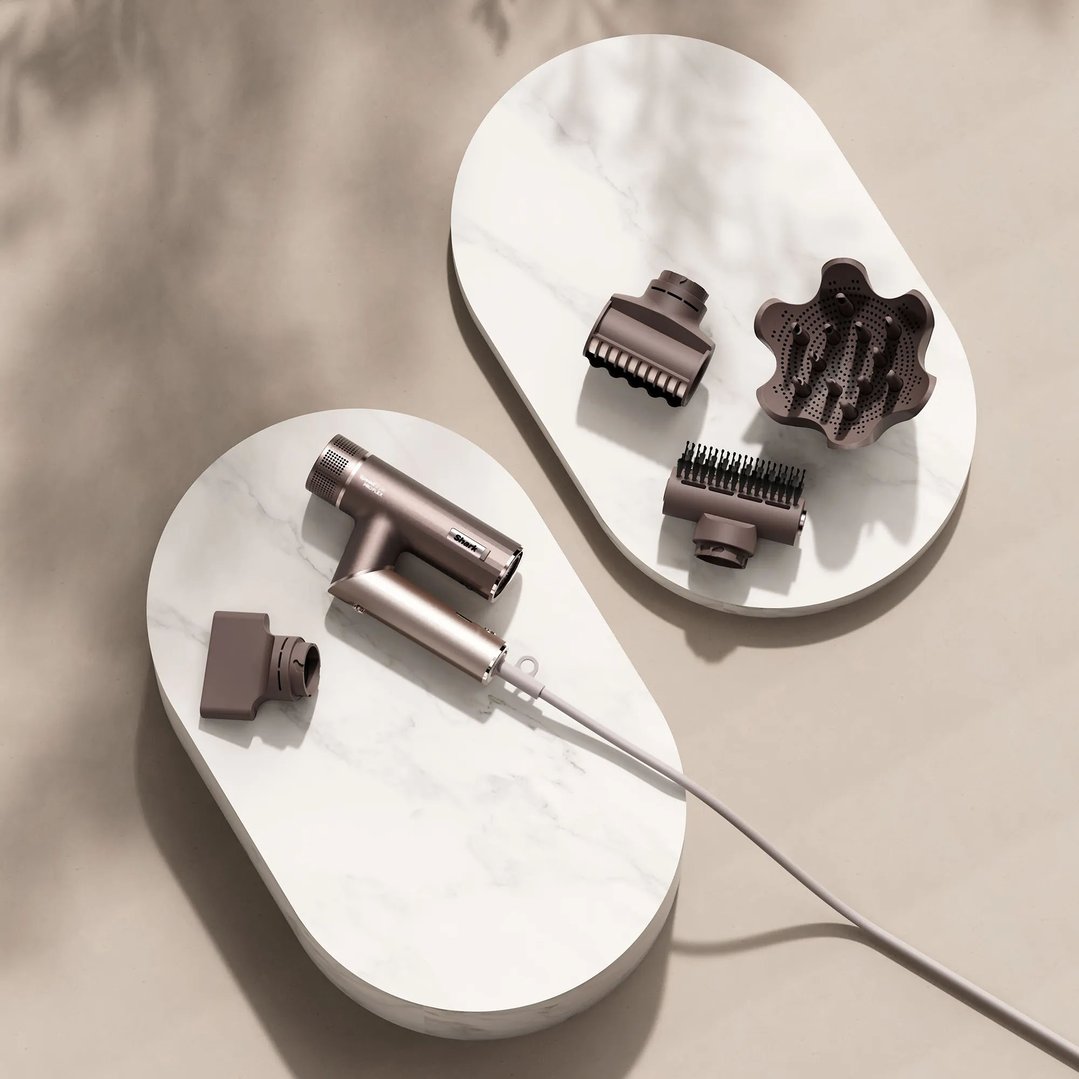 Shark SpeedStyle Pro FLEX hair dryer system and attachments on marble trays
