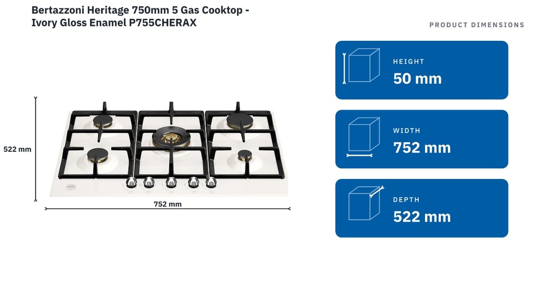 Bertazzoni Heritage 750mm 5 Gas Cooktop - Ivory Gloss Enamel P755CHERAX — product dimensions