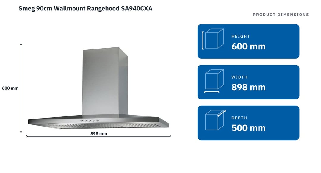 Smeg 90cm Wallmount Rangehood SA940CXA — product dimensions