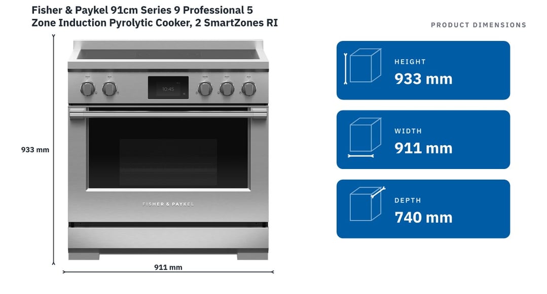 Fisher & Paykel 91cm Series 9 Professional 5 Zone Induction Pyrolytic Cooker, 2 SmartZones RIV3-915 — product dimensions